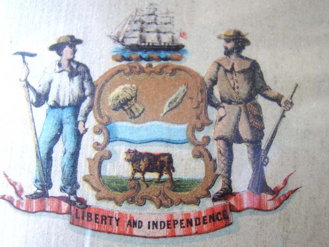 A FABULOUS PRINTED SILK DEPICTION OF THE COATS OF ARMS OF THE ORIGINAL 13 STATES circa 1895